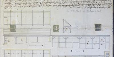 Plans for two woodsheds, including floor plans, side elevations, and framing plans (c.1760)
